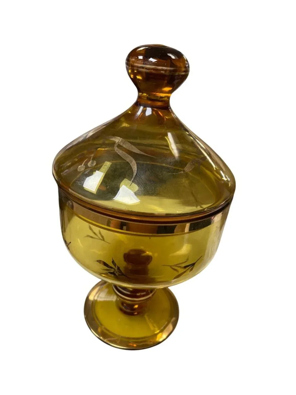 Romanian Vintage amber glass gold leaf pedestal candy dish SKU 140-814